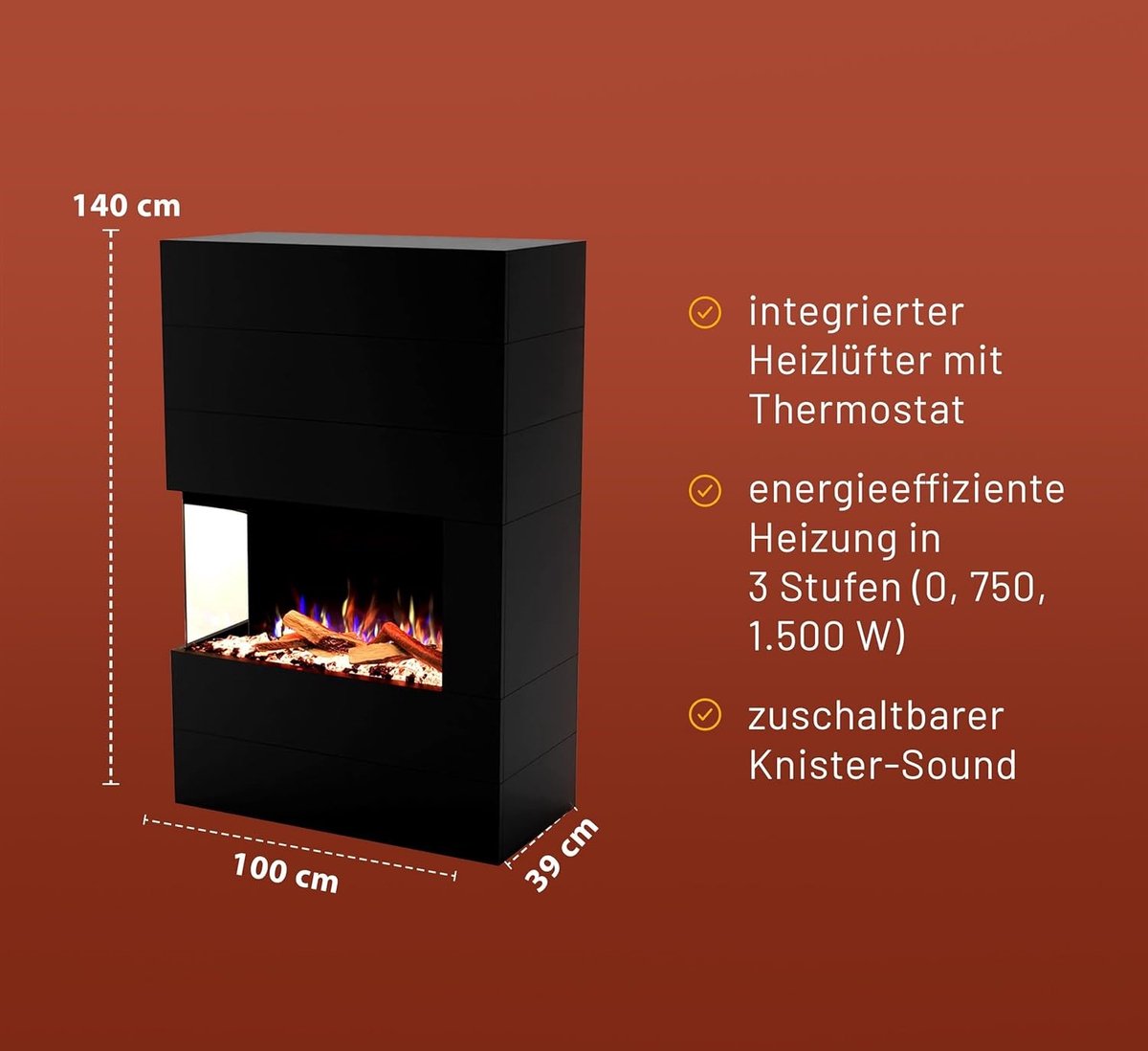 GLOW FIRE Haard PORTIA links open met realistische 3D E-Motion LED-vuur - Staande elektrische haard met verwarming, haardvuur, knisperend effect, timer, max. 1500 W, 140x90x45, Zwart