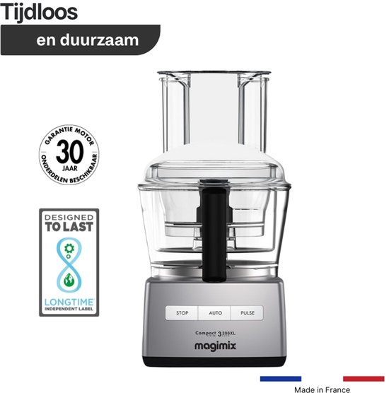Magimix Compact 3200XL keukenmachine in mat chroom met "Tijdloos en duurzaam" label, 30 jaar garantie motoronderdelen. Gemaakt in Frankrijk.