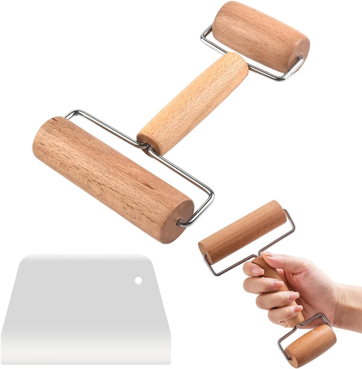 Deegroller met twee handvaten en deegsnijder - Houten bakgerei set voor taartdeeg
