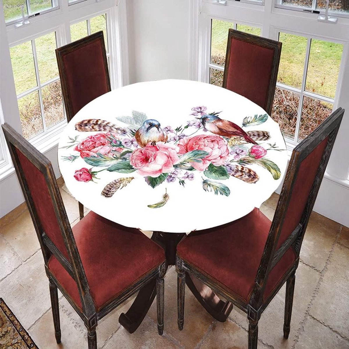 Tafelkleed rond geel met bloementhema voor tafel tot 61 cm, polyester, elastische rand