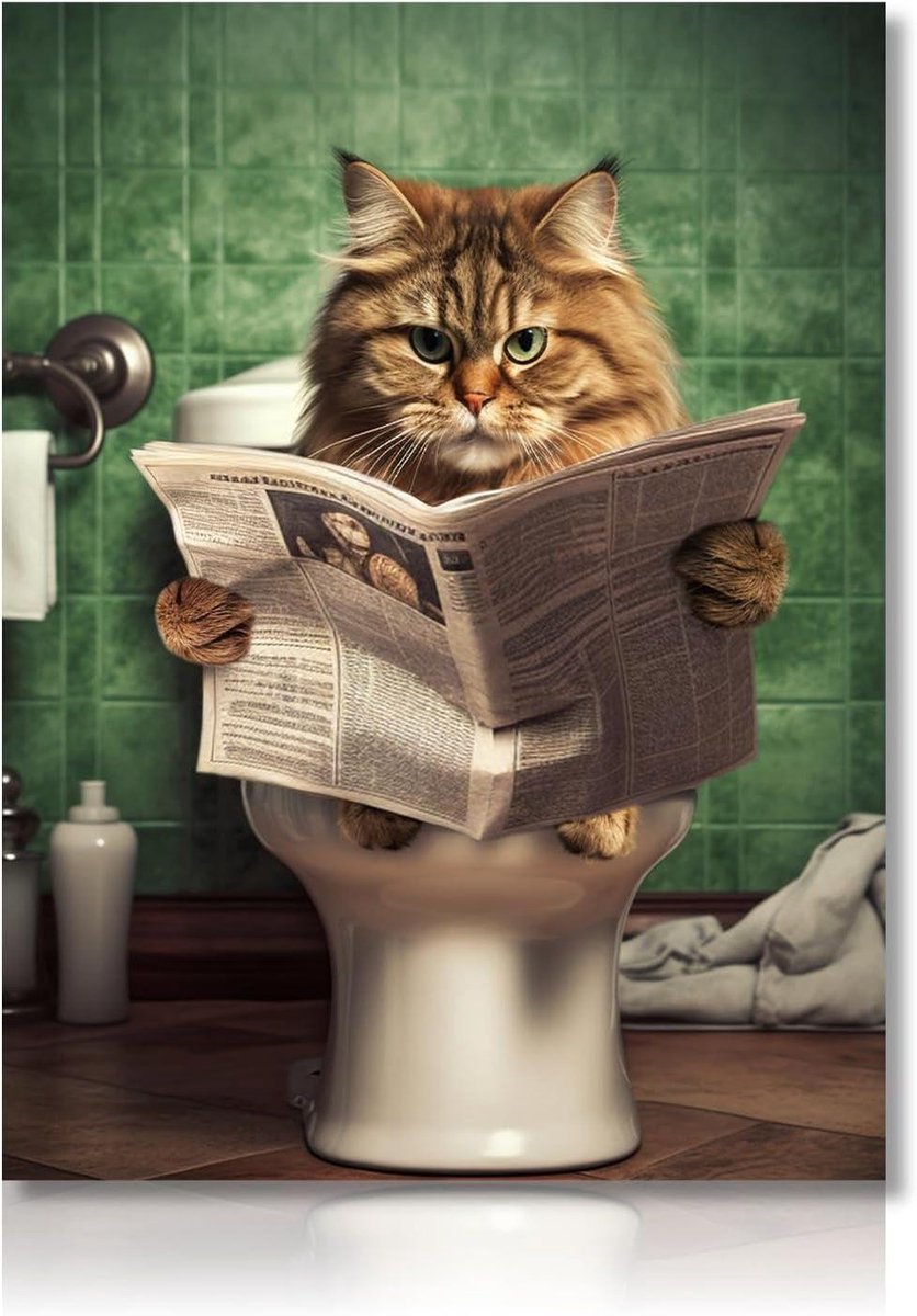 Ronte - Wanddecoratie Poster Kat in Toilet die Krant leest - Vintage Poster Badkamer Toiletdecor - Grappige Kattenafbeelding - 30x40 cm - Exclusieve Print