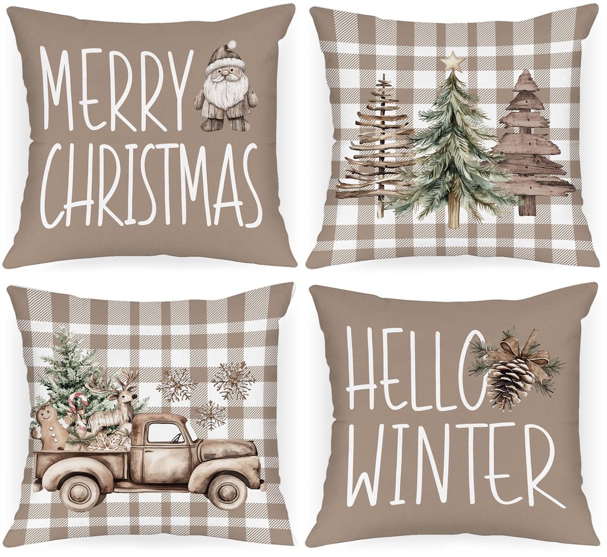Unyqoos Set van 4 Kerstkussenhoezen met Tartan en Kerstmotieven voor Sfeervolle Decoratie bruin