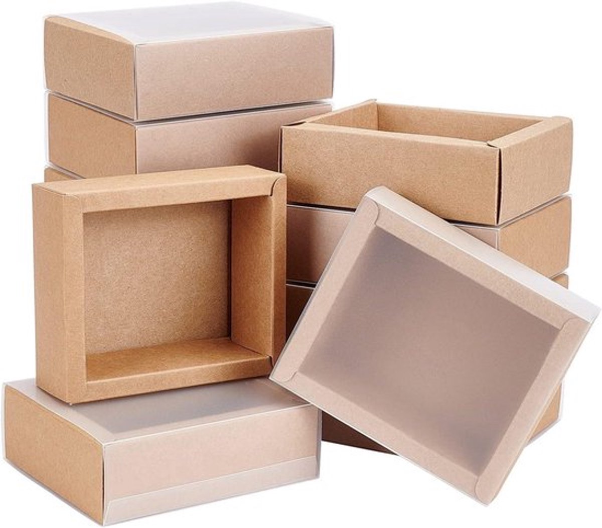 12-pack Kraftpapier geschenkdozen met mat PVC deksel - 10,5 x 8,5 x 4 cm - ladebox voor taartsnoep - Boheemse houtprint