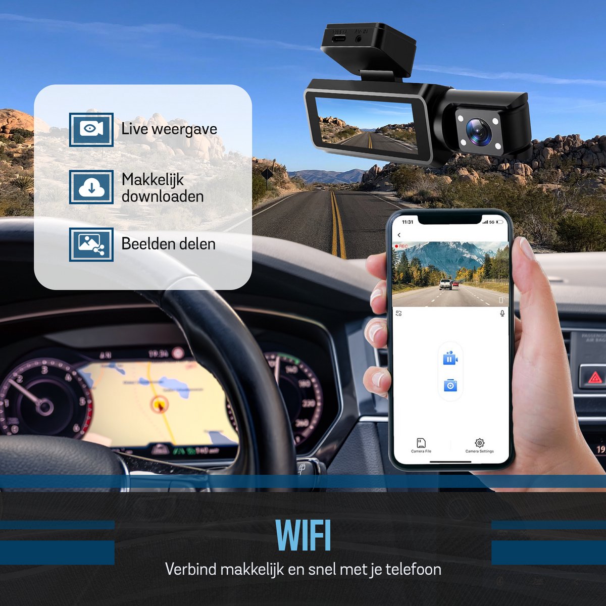 Tech Essentials A100 Dashcam - 1080P - Wifi - SD Kaart 64GB - Met Achteruitrijcamera - USB-C - Voor Auto Camera - Voor En Achter - Full HD - Parkeermodus - Nachtzicht thumbnail 4