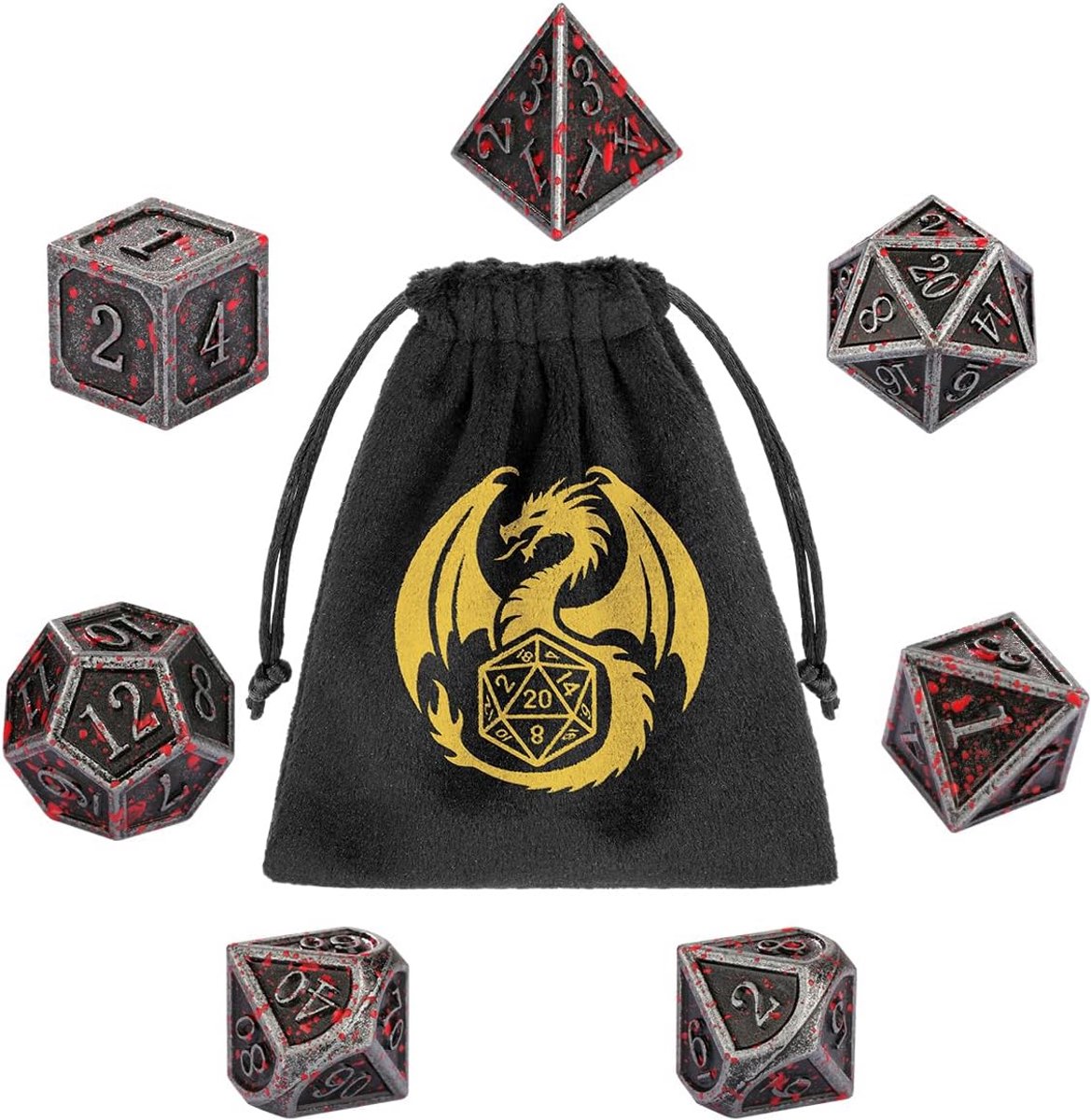 Metalen DND dobbelstenen set - 7 stuks polyhedrisch - Retro afwerking - Inclusief geschenkzakje