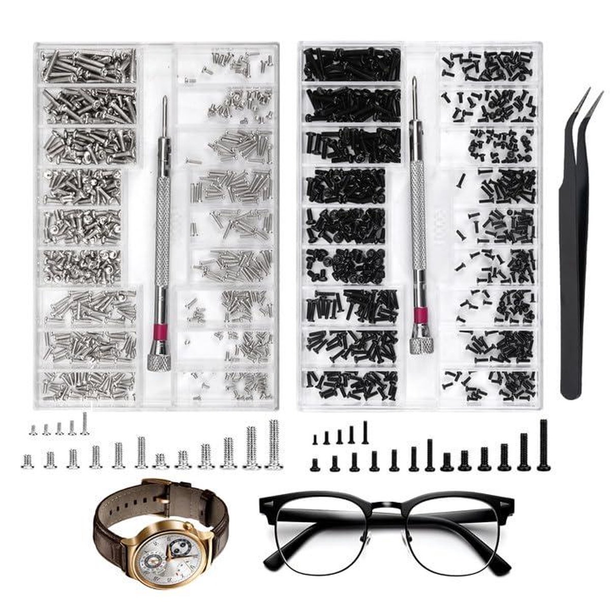 Mini Reserve Kit met Schroevendraaier en Tangen - 2 Dozen - Voor Horloges, Brillen en PC - Kleine Schroeven voor Laptop, Harde Schijven, Horloge, Telefoon, Camera - Handige Micro Schroevenset