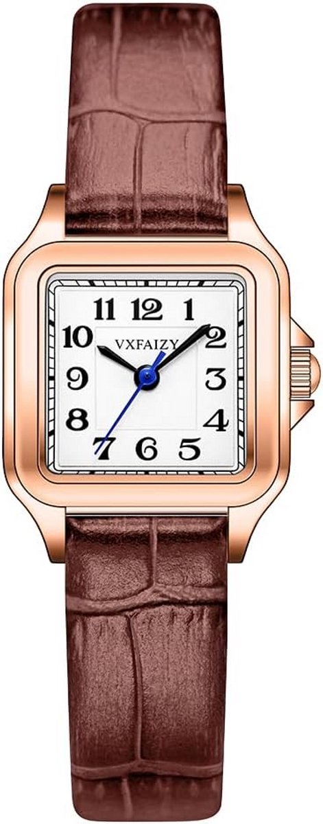 Vierkant dameshorloge met Arabische cijfers - compacte 25 mm wijzerplaat, roestvrijstalen en lederen armband