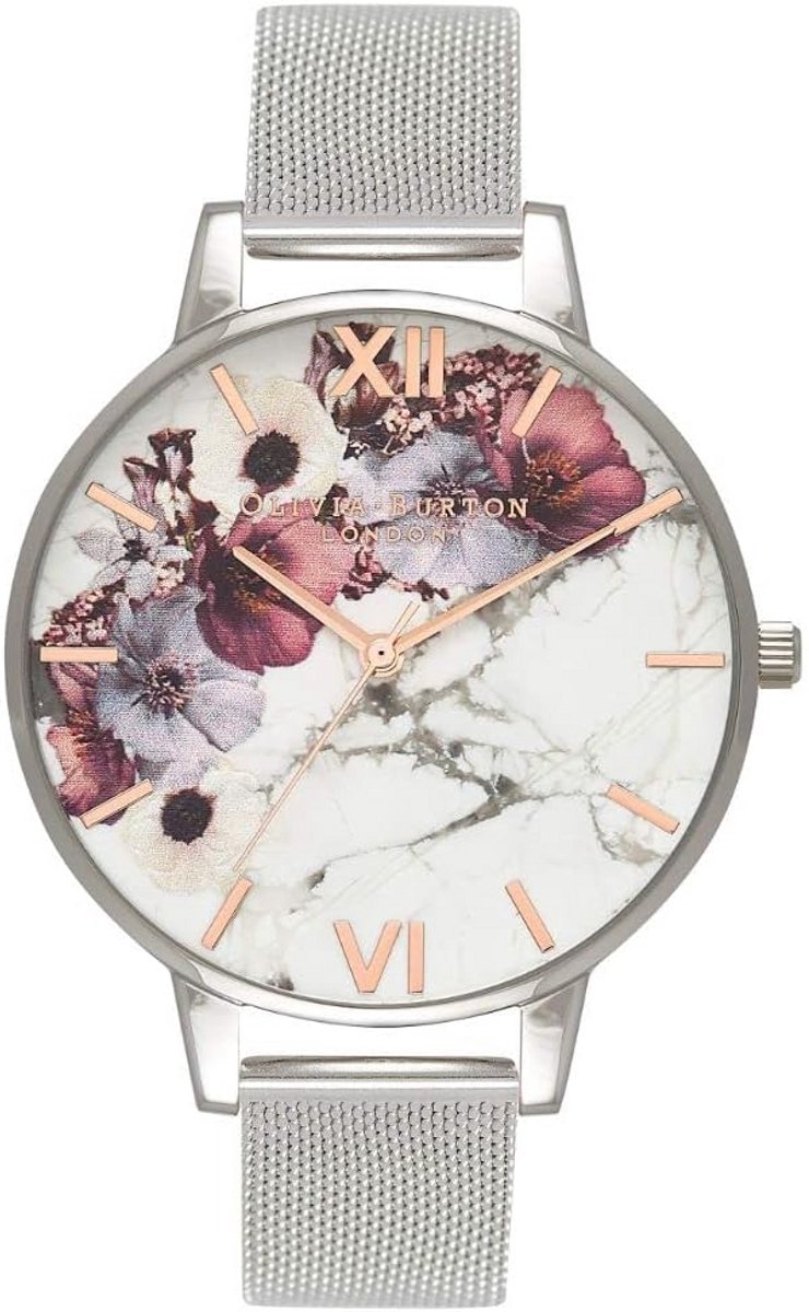 Dames Horloge met Marmeren Wijzerplaat en Bloemmotief