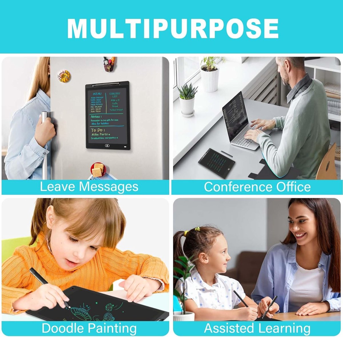 Magnetische whiteboard voor koelkast - Klein LCD-schrijftablet van 30 cm (12 inches) zwartbord - Magnetisch notitieblok voor boodschappenlijst en takenlijst, whiteboard zwart-wit thumbnail 2