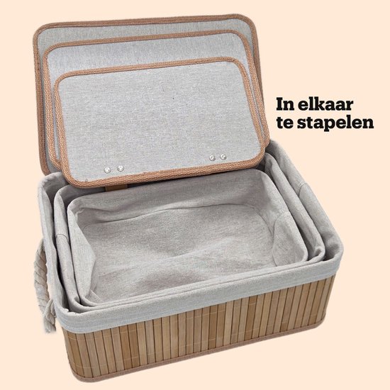 Set van drie naturelkleurige bamboe manden met stoffen voering en bruine randen, stapelbaar.