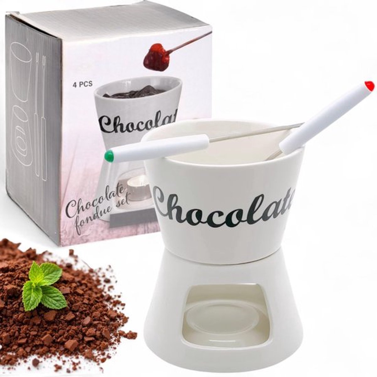 Chocoladefondue set Ã˜12x15cm - Wit - Inclusief 2 fondue vorken