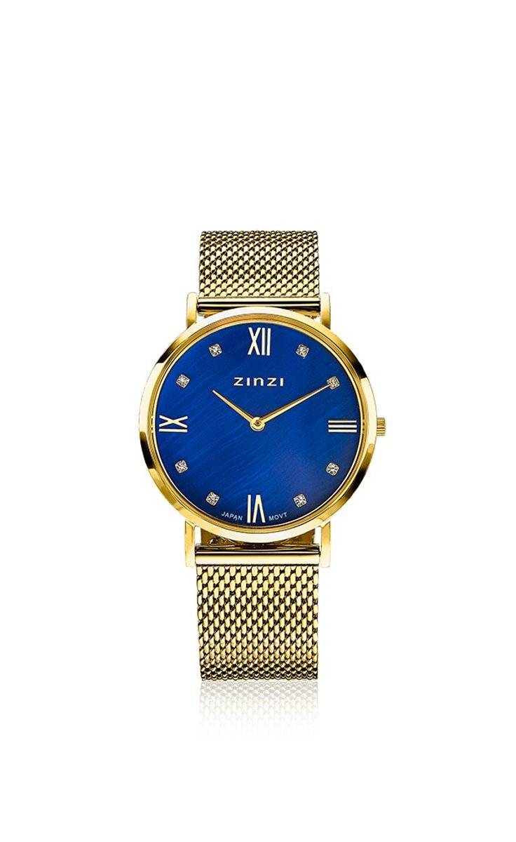 ZINZI Roman horloge donkerblauwe parelmoer wijzerplaat, geelgoudkleurige stalen kast, witte zirconia