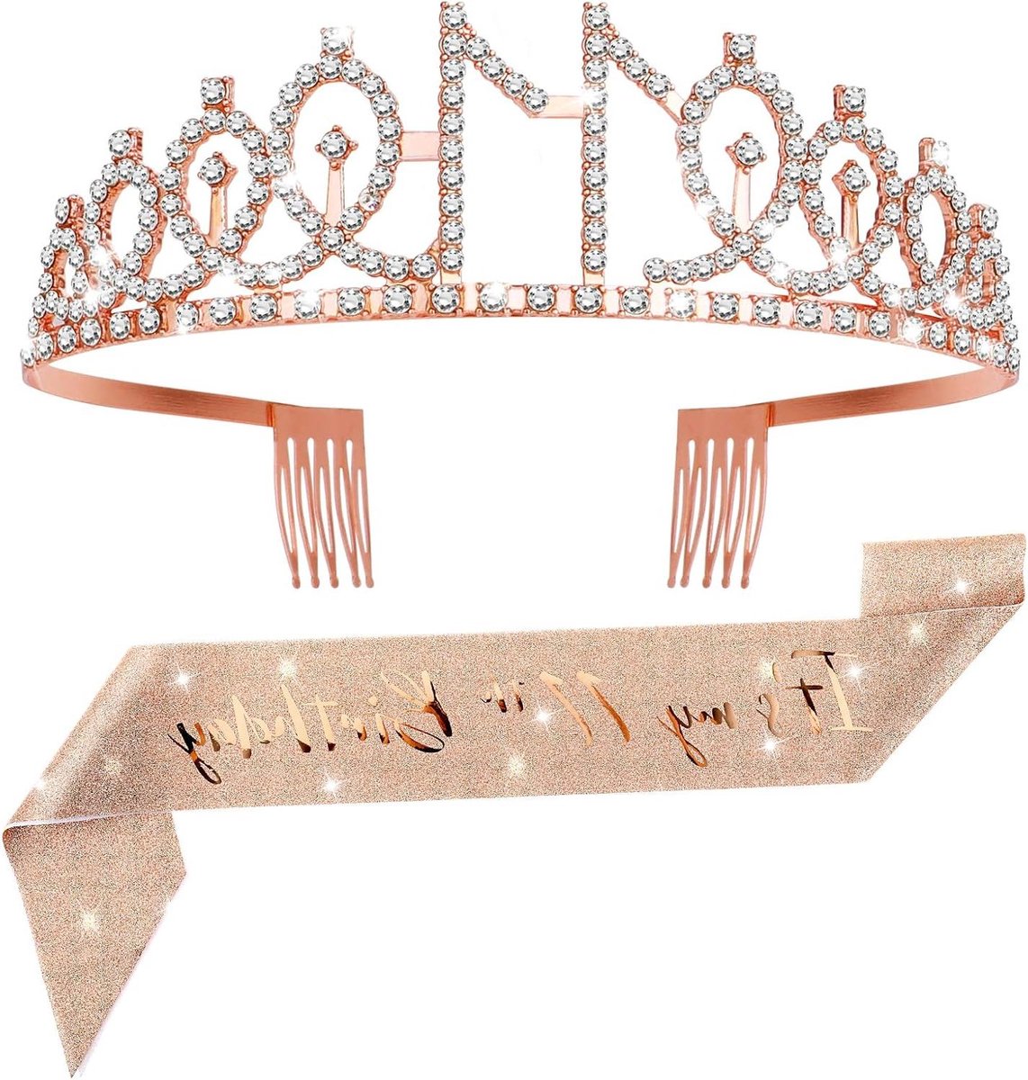 Ronte - Feestelijke sjerp en tiara voor 11e verjaardag in roségoud - Unieke verjaardagskroon en decoratie - 11e verjaardagscadeaus - Feestartikelen voor gelukkige 11-jarige - Stijlvolle viering voor meiden.