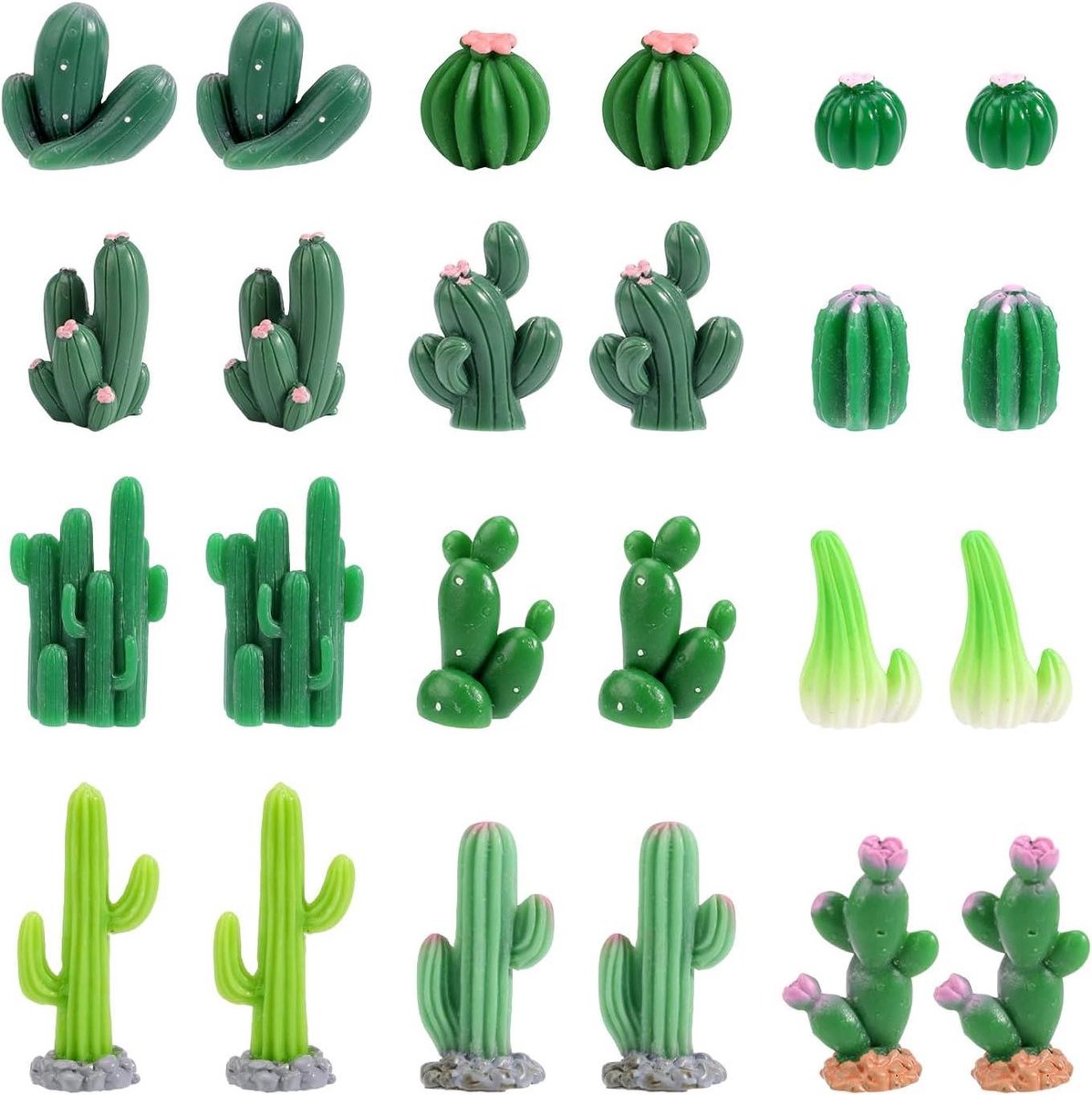 Ronte - Miniatuur cactus beeldjes set van 24, 12 maten, schattige hars vetplant decoratie voor auto interieur, kantoor, micro landschappen, binnenplaatsen - Groen.