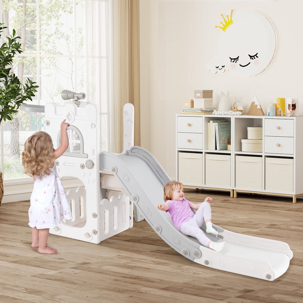 COSTWAY Children's Slide, 6-in-1 Children's Slide & Ladder & Basketball Basket & Throw Ring & Telescope & Tunnel, Children's Playground, Non-Slip for