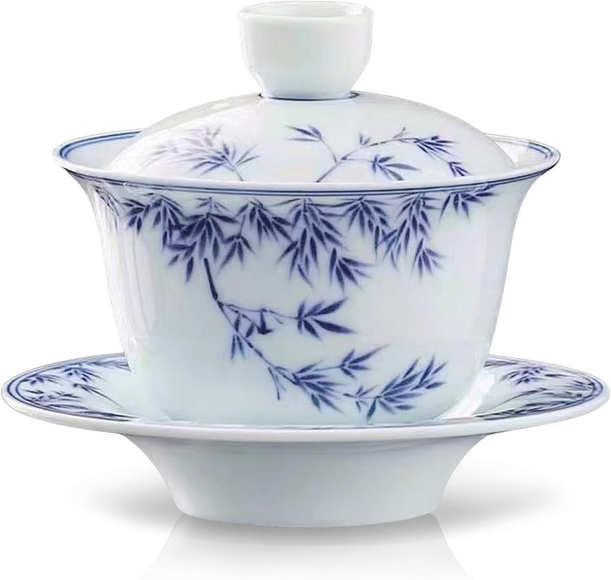 Traditionele Chinese Gaiwan Set met Bamboeblad Porselein - Blauw en Wit - 180 ml