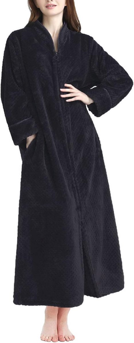 Dames fleece badjas met ritssluiting - Zwart - S/M