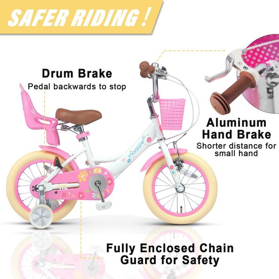 RULLY - Bicicleta Daisy de 16 para niñas de 4, 5, 6 y 7 años, bicicleta infantil de 16 con ruedines y cesta, color rosa