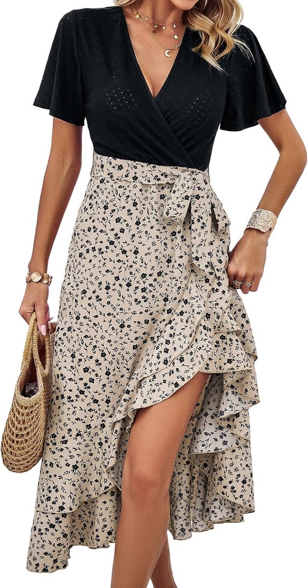 Elegante Zomerjurk Dames met Split en Bloemenprint, Knie-lengte Casual Jurk met Riem