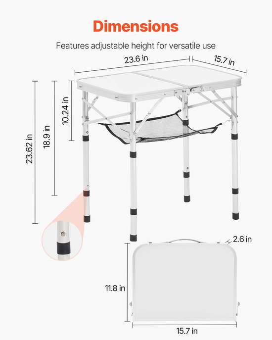 Opvouwbare kampeertafel, in hoogte verstelbare draagbare bijzettafel, aluminium MDF-buitentafel met gaasplank, draaggreep, lichtgewicht en compact voor picknicks, barbecues en koken, 61 x 41 cm, zilverkleurig — afbeelding 2