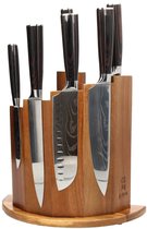 Shinrai Knives - Damascus Print 7-delige Messenset + Magnetisch Messenblok Scalae - Acacia hout - Koksmes - Vleesmes - Hakmes - Broodmes