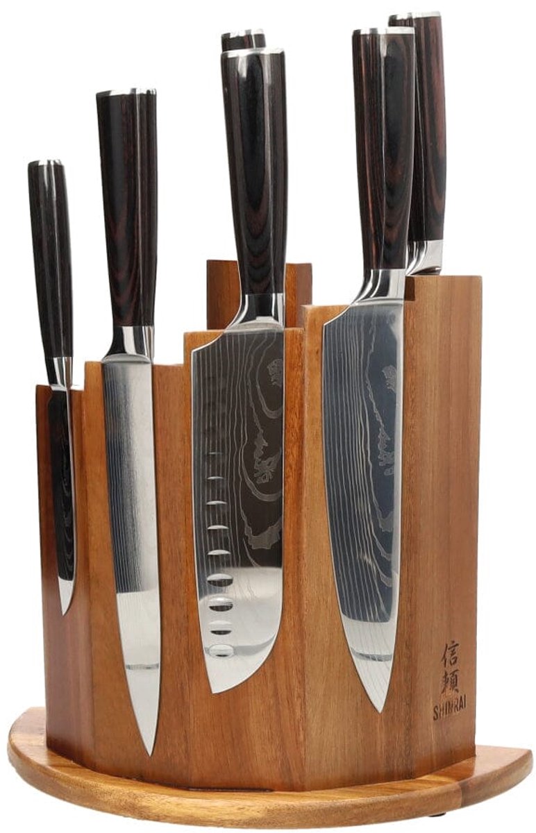 Shinrai Knives - Damascus Print 7-delige Messenset + Magnetisch Messenblok Scalae - Acacia hout - Koksmes - Vleesmes - Hakmes - Broodmes