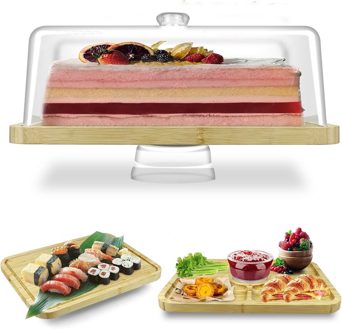 Rechthoekige Taartstandaard met Deksel - 2-in-1 Desserttafel Display & Charcuterie Plank