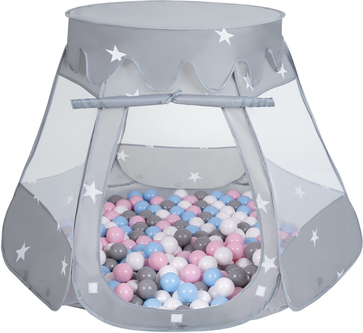 Selonis Pop Up Kasteeltent Grijs Voor Kinderen - 300 Ballen Speeltent - Licht En Compact - Binnen En Buiten Spelen - Wit Grijs Babyblauw Poederroze
