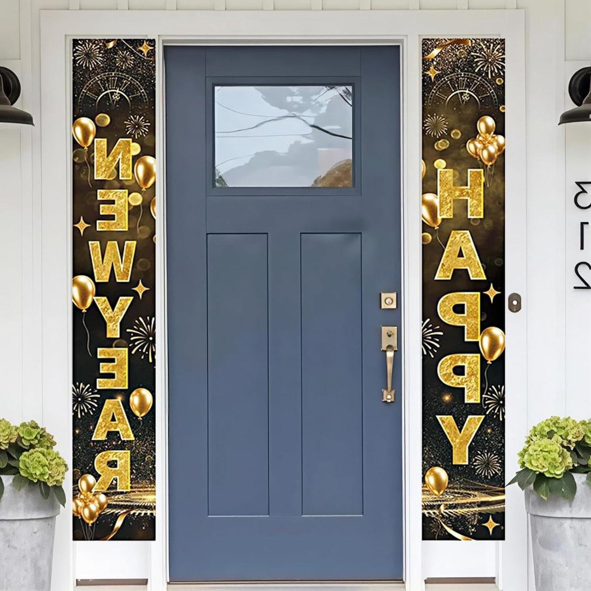 Provento - Feestelijke Nieuwjaar Decoratie Banner 2 stuks | Zwart en Gouden Happy New Year Deurhanger 2026 | Oudejaarsavond Versiering voor Voordeur Balkon Muur Binnen Buiten