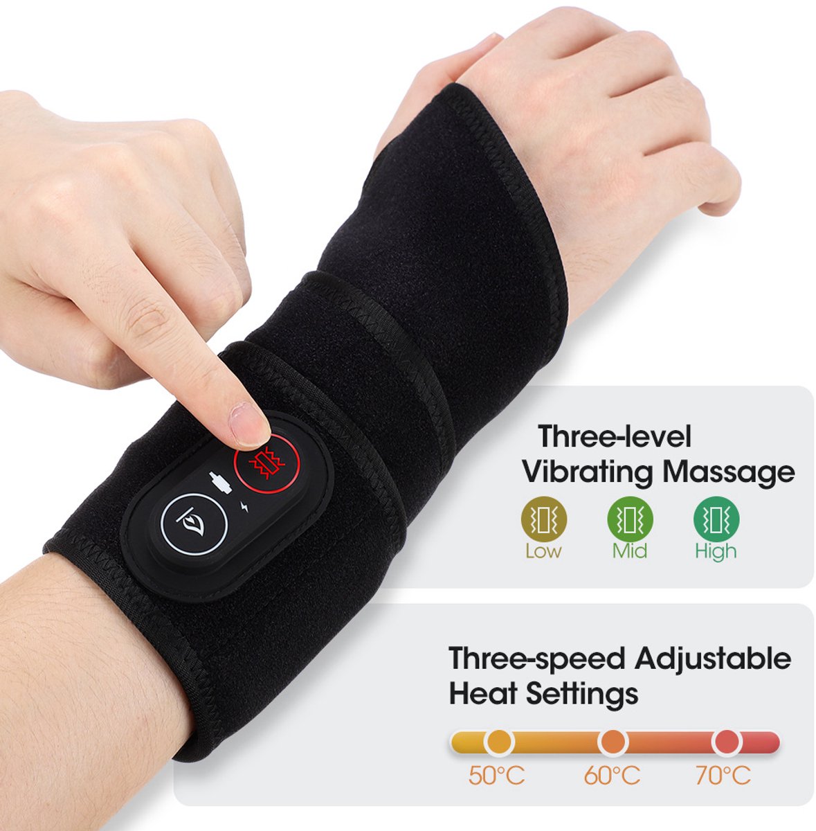 Draadloze Verwarmde Polsband met Rood Licht — 36 LED's — 660nm/850nm — Oplaadbaar — 3000mAh — 3 Warmte- en Trillingsniveaus — Voor Pols en Meer — Kristalfluweel