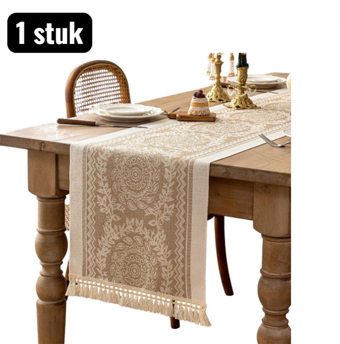 1 stuk - Tafelloper - Tabel loper - Waterdichte TV Meubel Beschermer - Lange Tafelkleed in Katoen Look Stijl - 350x35cm - Lange tafeldecoratie- Katoen Linnen Look - Kranspatroon - Bruin