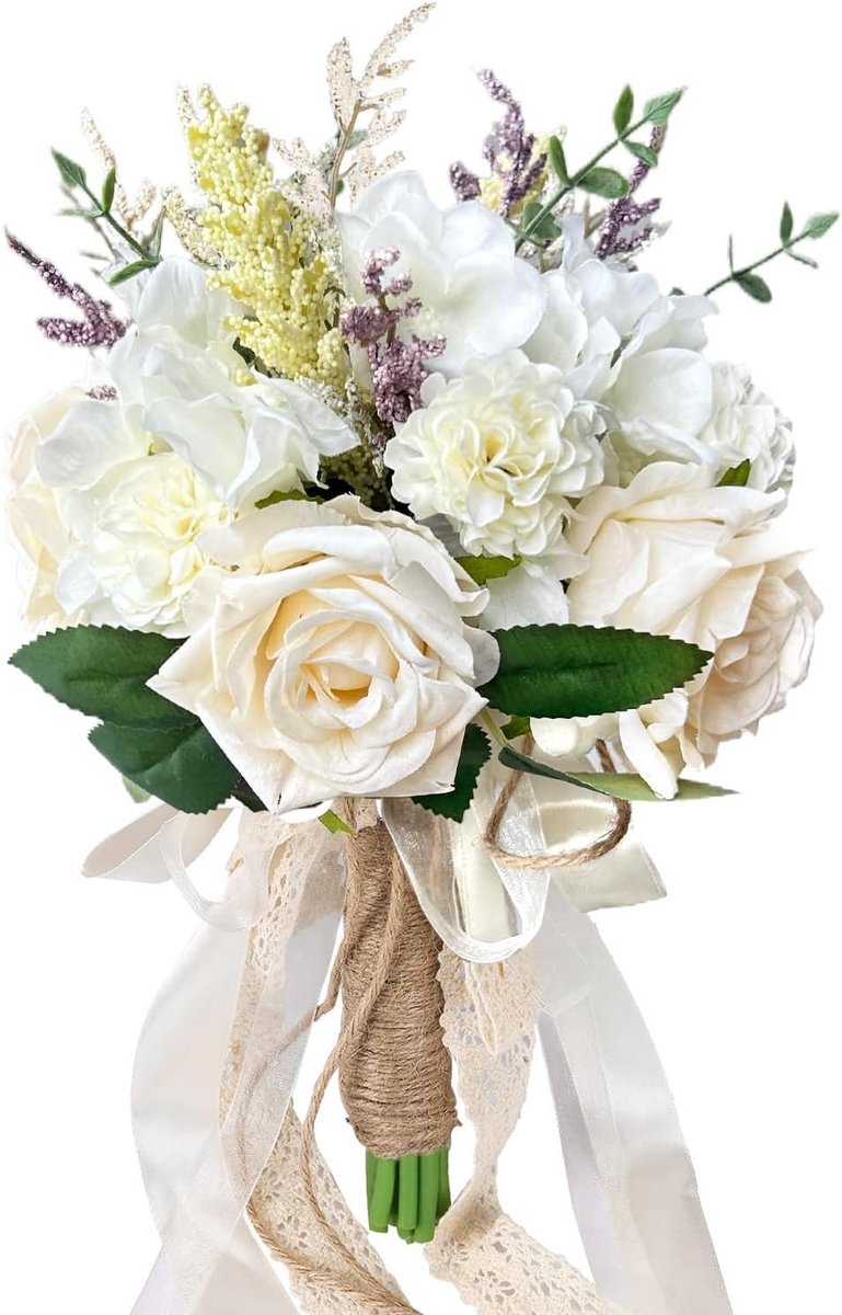 Bruidsboeket Zijden Rozen Wit Champagne Ivoorkleurig - Klein Bruidsmeisjesboeket voor Bruiloft en Decoratie