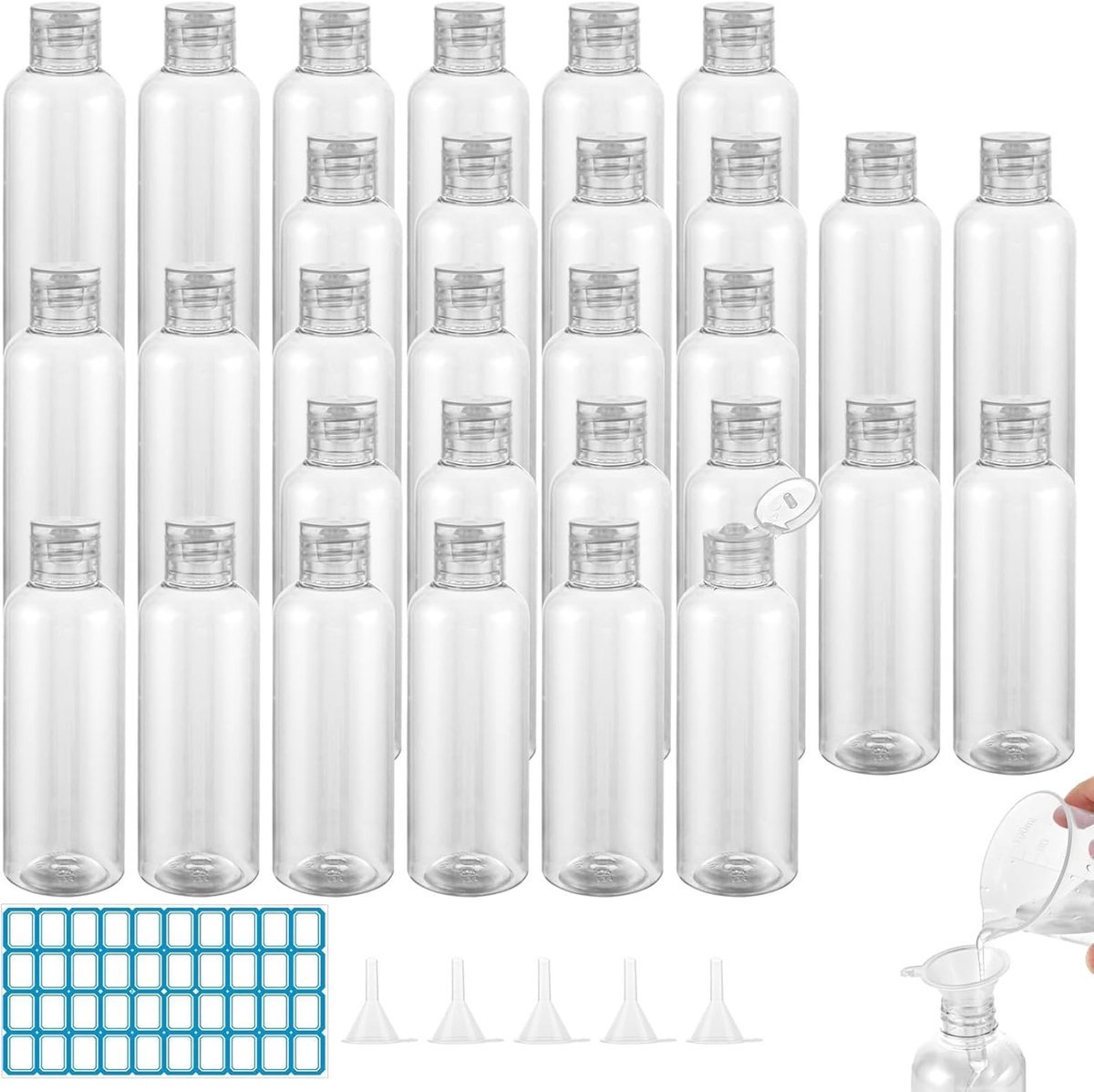 Stunq® Set van 30 Navulbare Reisbottles met Trechter en Etiketten voor Douchegel en Shampoo