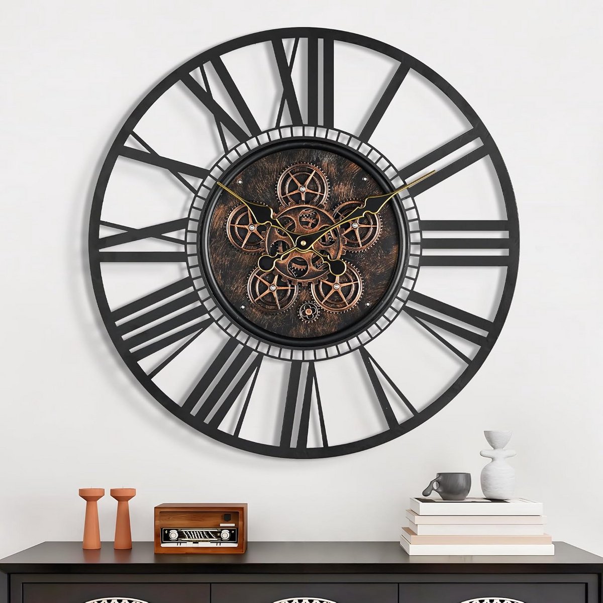 Grote Industriële Wandklok met Bewegende Tandwielen - Vintage Steampunk Metaal - Decoratief voor Woonkamer en Kantoor