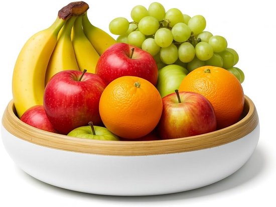 Dehaus® Grote stijlvolle bamboe fruitschaal - 30 cm, marineblauw - houten salade serveerschaal - fruitmand voor keuken of broodmand - tafeldecoratie - thuis en keuken servies accessoires