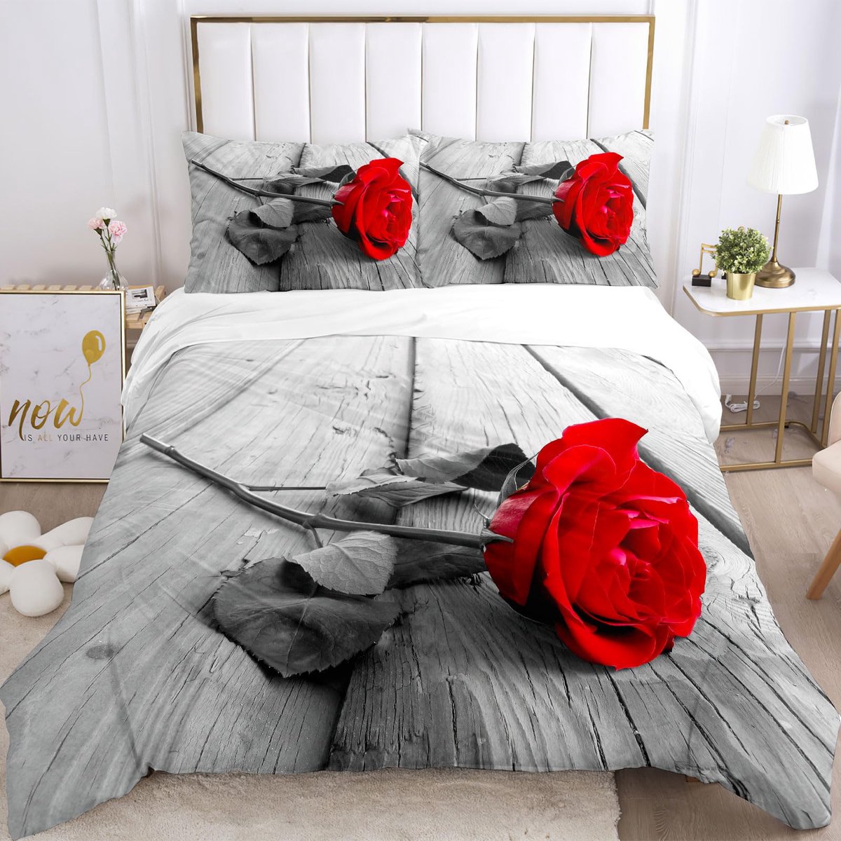 Ibenzoa Romantisch 3D Rozen Dekbedovertrek Set voor Slaapkamer Decoratie Grijs