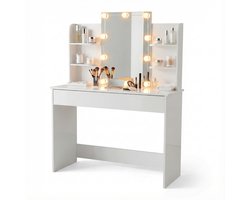 Monza Home® Make-up Tafel – Kaptafel met Spiegel & Verlichting – Lade met 3 vakken - Wit