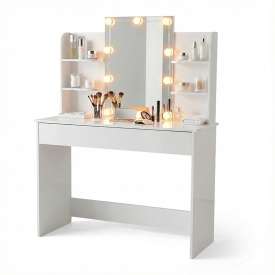 Monza Home® Make-up Tafel – Kaptafel met Spiegel & Verlichting – Lade met 3 vakken - Wit
