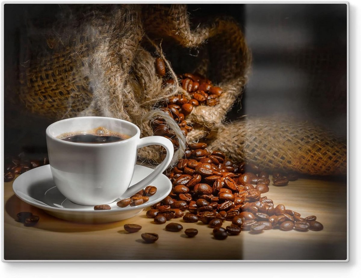 Grote glazen snijplank 40x30 cm met koffie-design en antislip