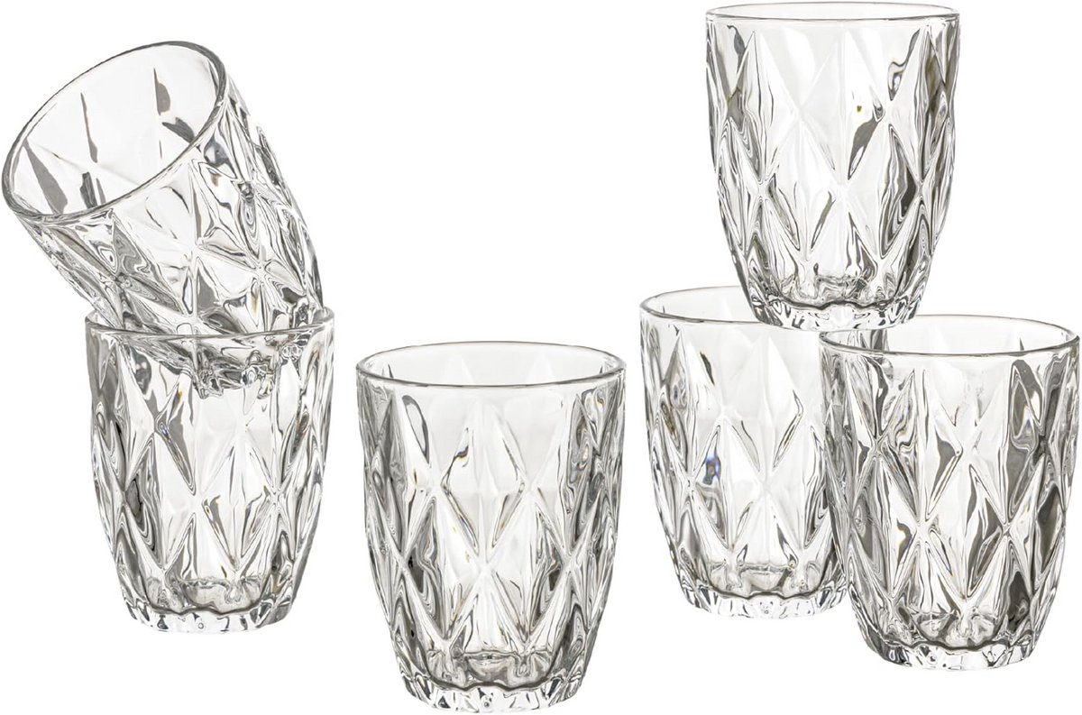 Set van 6 sierglazen met reliëf, 300 ml, vaatwasserbestendig drinkglazen