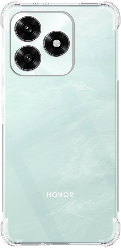 Transparante telefoonhoes met een lichtgroene marmerprint en een drievoudige camera aan de achterkant.
