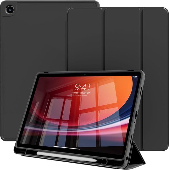 Housse de tablette noire en mode support avec une tablette affichant 9:41.