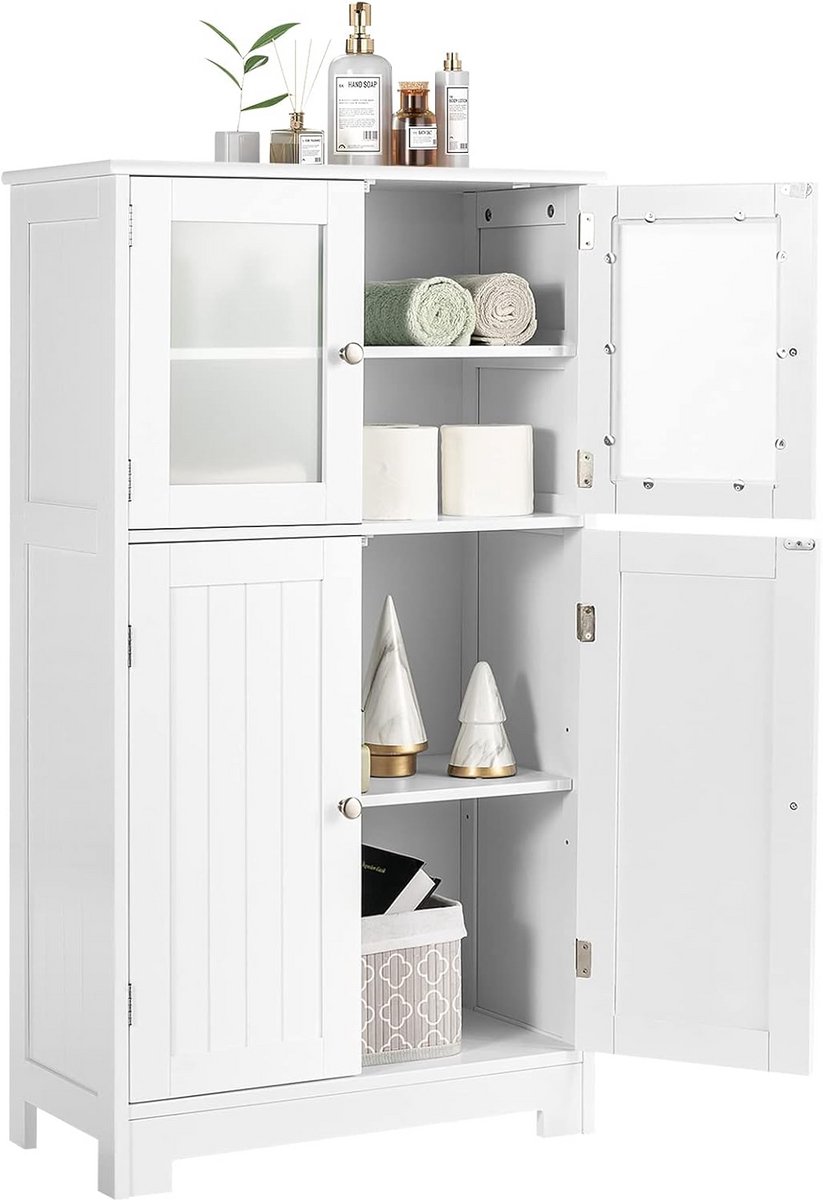 Hoge Opbergkast met 4 Deuren (2 Glas) - Servieskast en Boekenkast Hout Wit