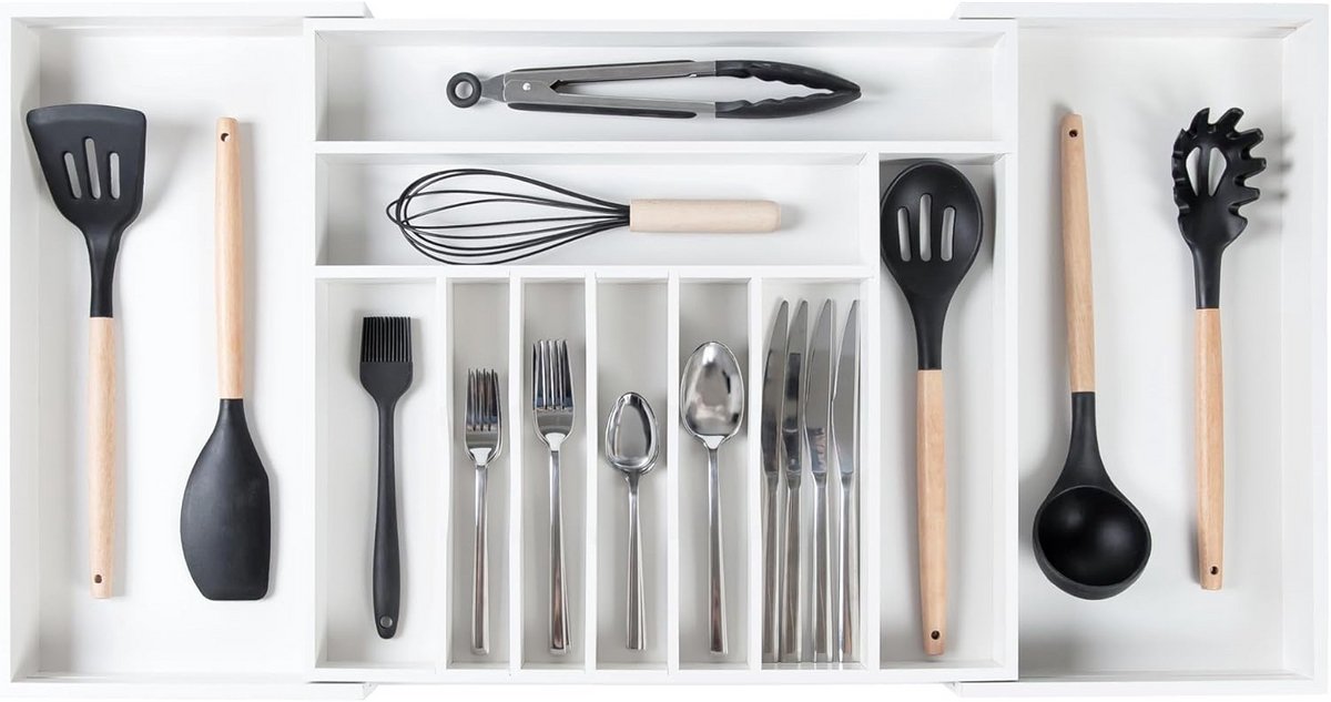 Uitbreidbare ladeorganizer van wit bamboe voor bestek en keukengerei - 46-84 cm