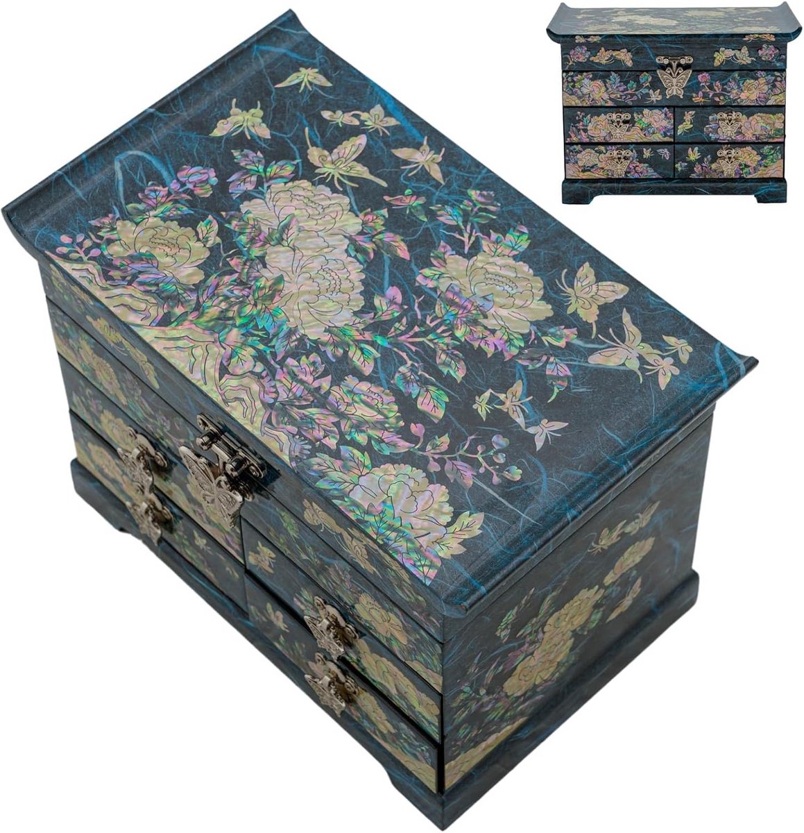 Parelmoer houten sieradenbox met ruime laden voor ringen, armbanden, horloges en kettingen