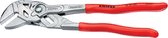 Een waterpomptang van Knipex met gepolijste metalen bekken en rode handvatten, liggend op een witte achtergrond.