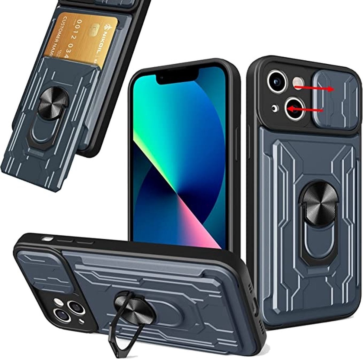 Hoesje Geschikt voor iPhone 13 met pashouder / Ringhouder / lens bescherming – Grijs