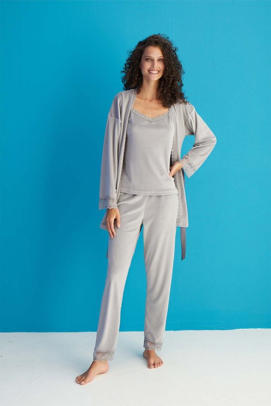 Mihra | Dames 3 Delige Fleece Pyjama Set | 100% Polyester | Lange Mouwen | Grijs | L
