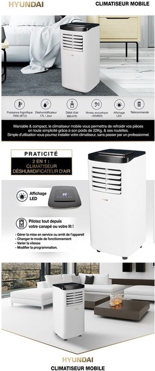 Climatiseur Mobile Hyundai 7000 BTU Auto-évaporation Avec Télécommande - Neuf
