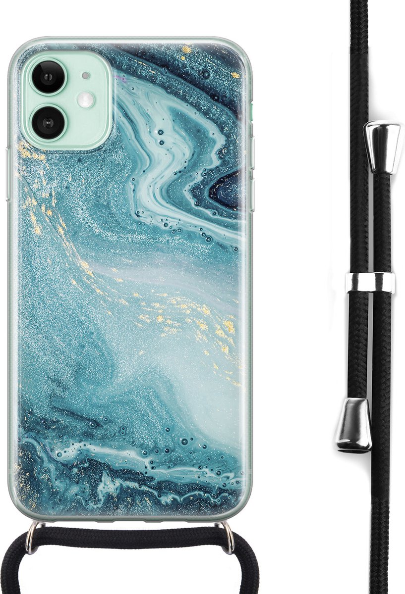 iPhone 11 hoesje met koord - Marmer blauw - Siliconen Case - Shock proof - Zwart koord - Crossbody - Back Cover - Transparant, Blauw
